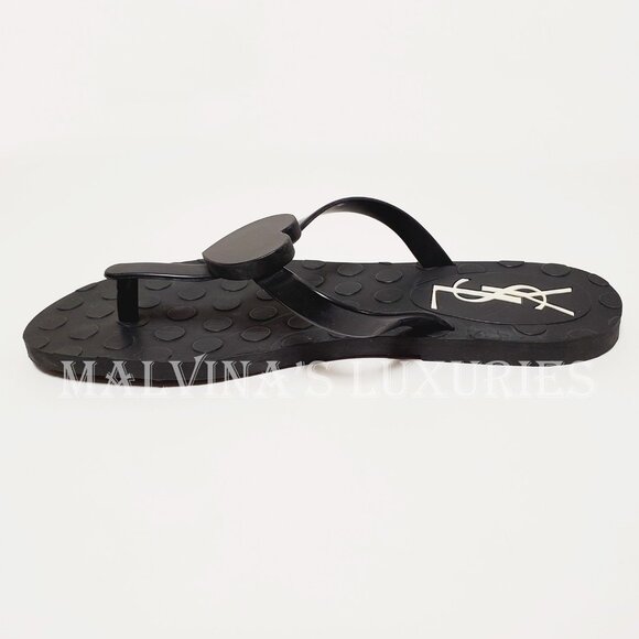YVES SAINT LAURENT SHOES BLACK RUBBER FLIP FLOPS THONG w HEART sz 38 / US 8 - Picture 7 of 11